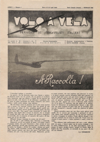 Copertina della rivista 'Volo a Vela' numero 1 anno1946