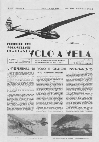 Copertina della rivista 'Volo a Vela' numero 4 anno1946