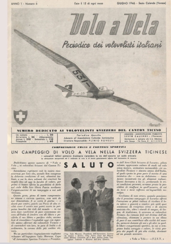 Copertina della rivista 'Volo a Vela' numero 6 anno1946